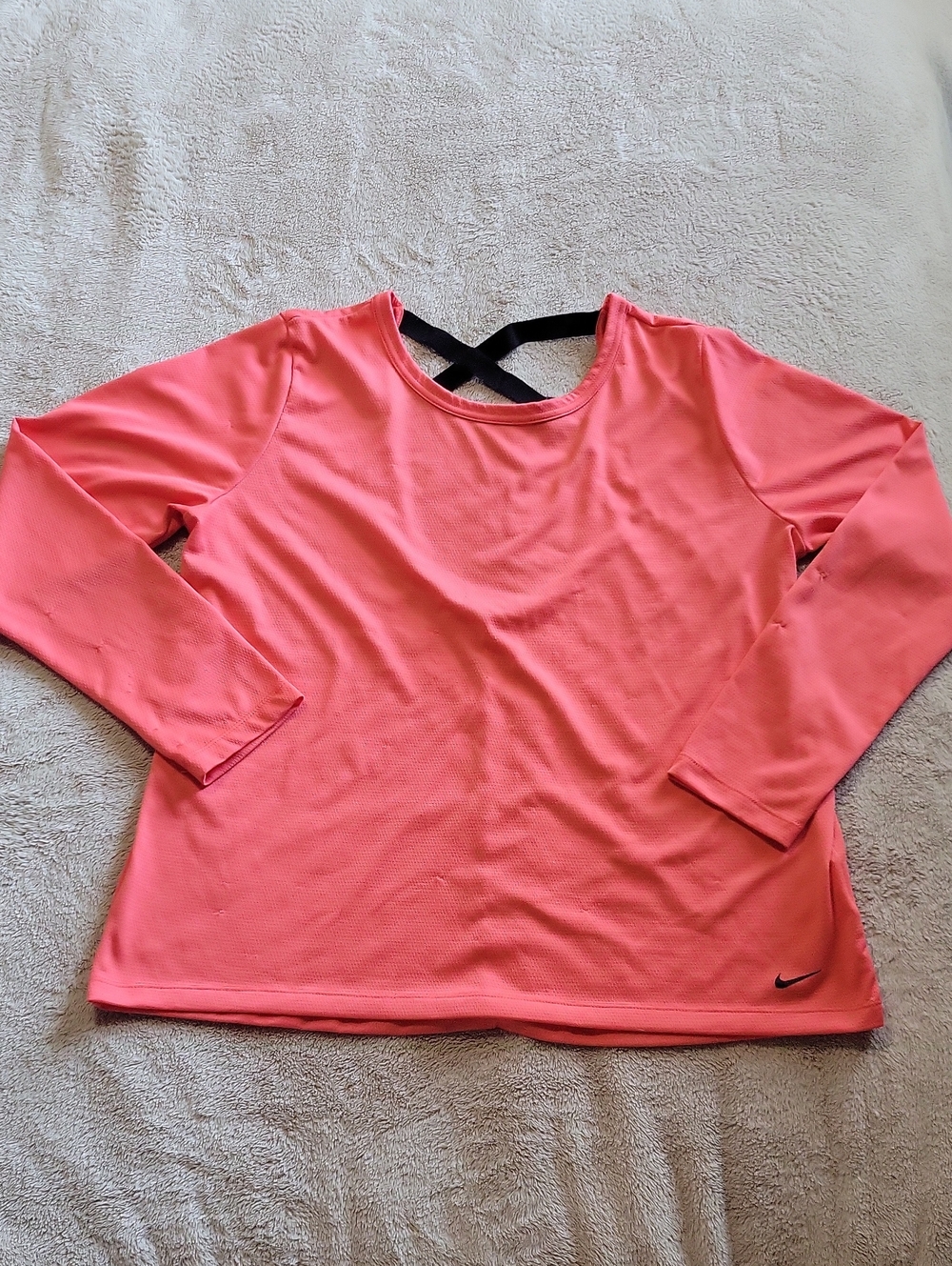 Nike Women's Coral Pink Long-Sleeve Active Top with Black Cross-Back XL